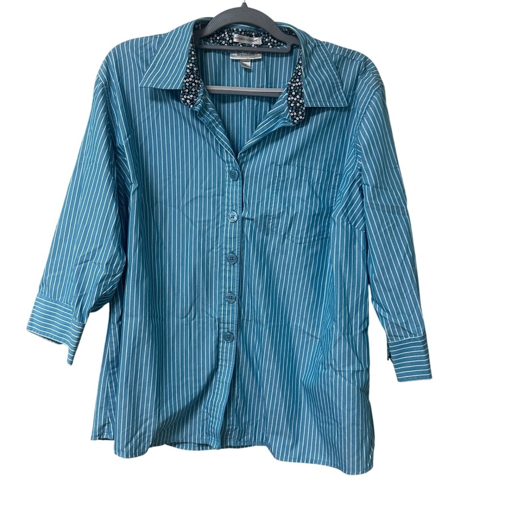 Dressbarn Womens 2X Blue White Striped Wrinkle Resistant Short Sleeve Top